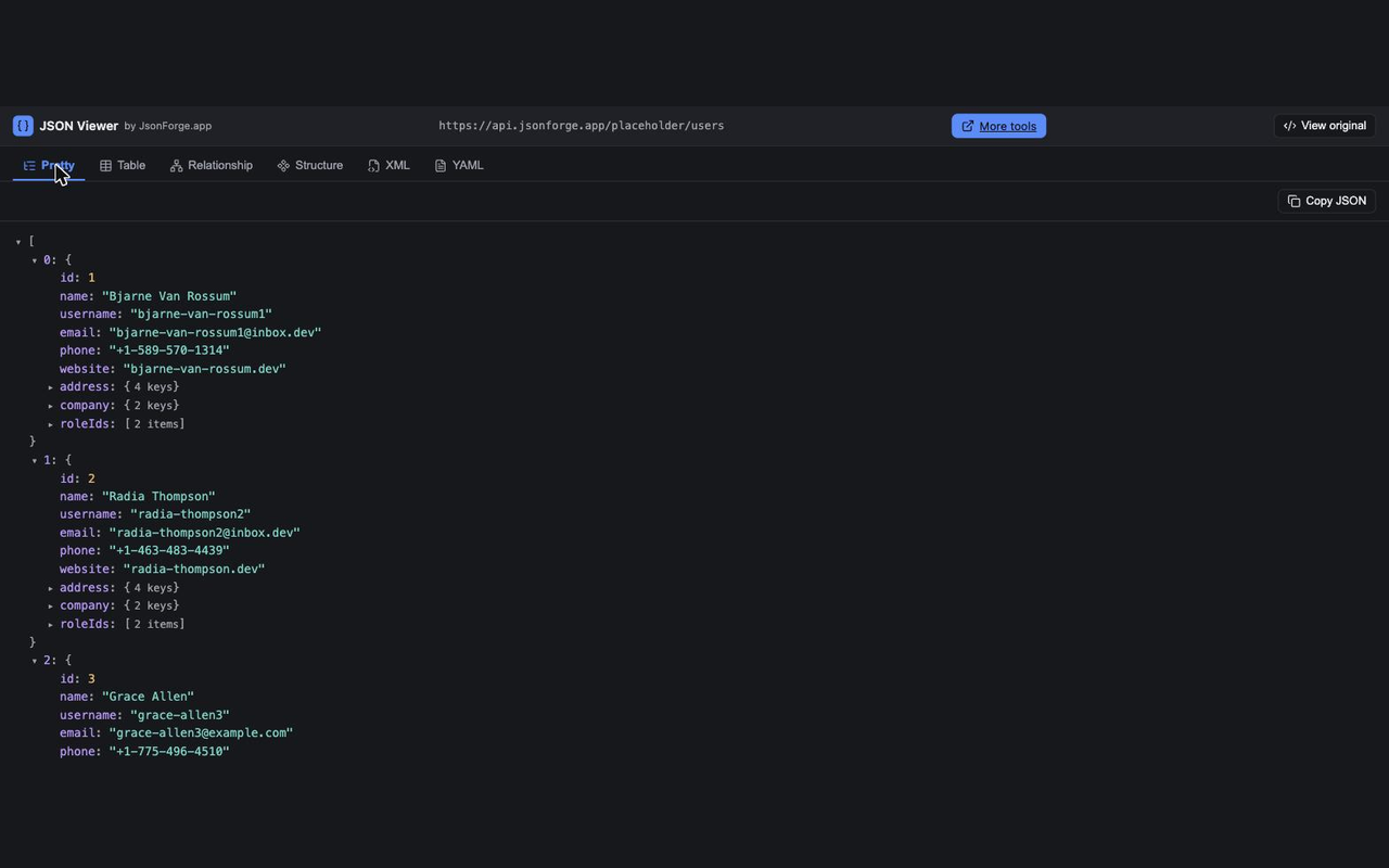 JSON Viewer by JsonForge.app — Pretty view