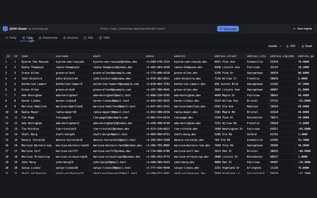 JSON Viewer by JsonForge.app — Table view